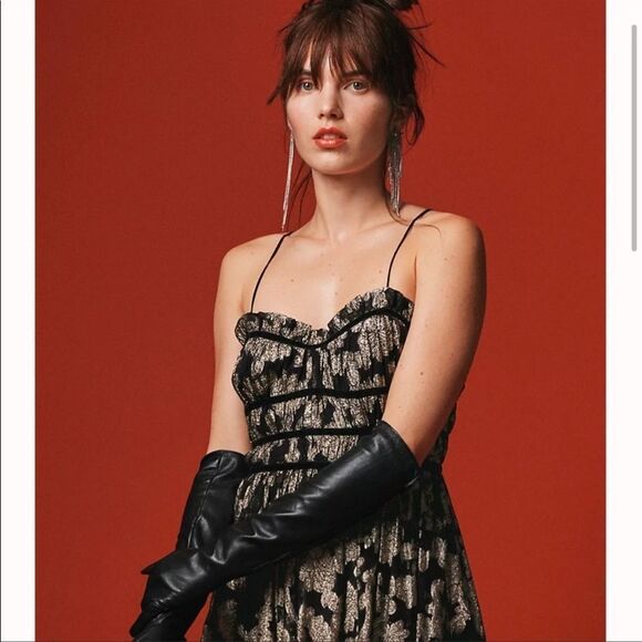 Free People Charlie Bustier Gold Metallic print Maxi dress tiered XS - Picture 7 of 8